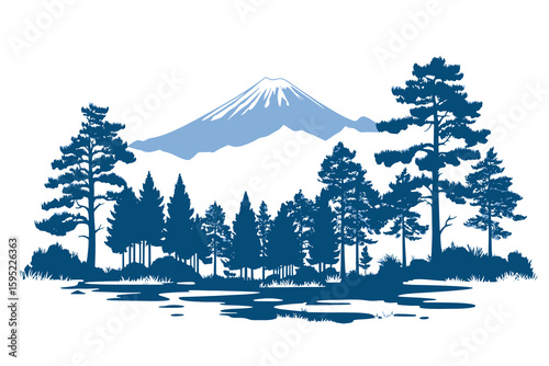Mountain peak dominates the horizon behind a still lake bordered by blue shaded trees