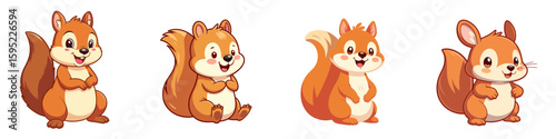 Cartoon stuffed squirrels in various poses on isolated background  