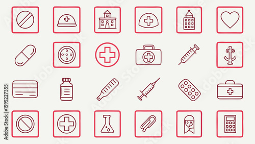 Collection of medical icons and symbols in a stamp style