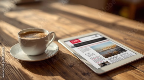 Digital news on tablet, coffee cup on rustic table