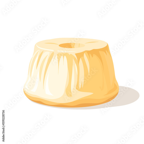 An illustration of a sweet, round, flan-like dessert with a hole in the center, casting a shadow.