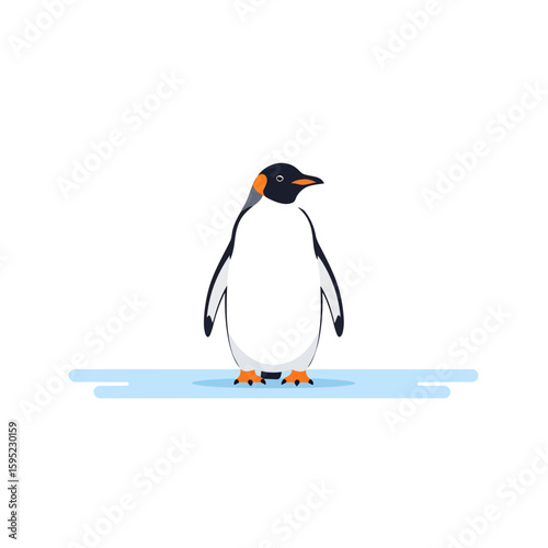 A solitary penguin stands on a patch of ice, looking towards the side.