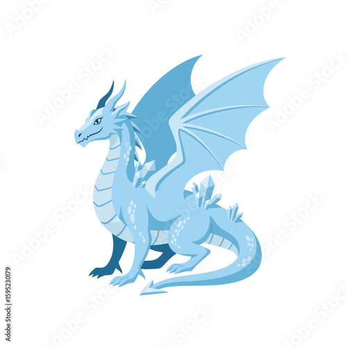 A light blue, crystalline dragon sits majestically, its wings spread slightly, showcasing intricate details.