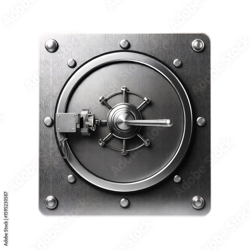 A close up view of a large metal vault door with a complex locking mechanism visible on transparent background