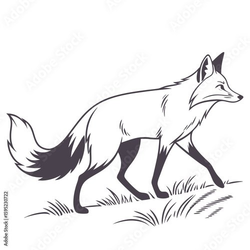 Minimalist fox in walking pose with a bushy tail isolated on white background