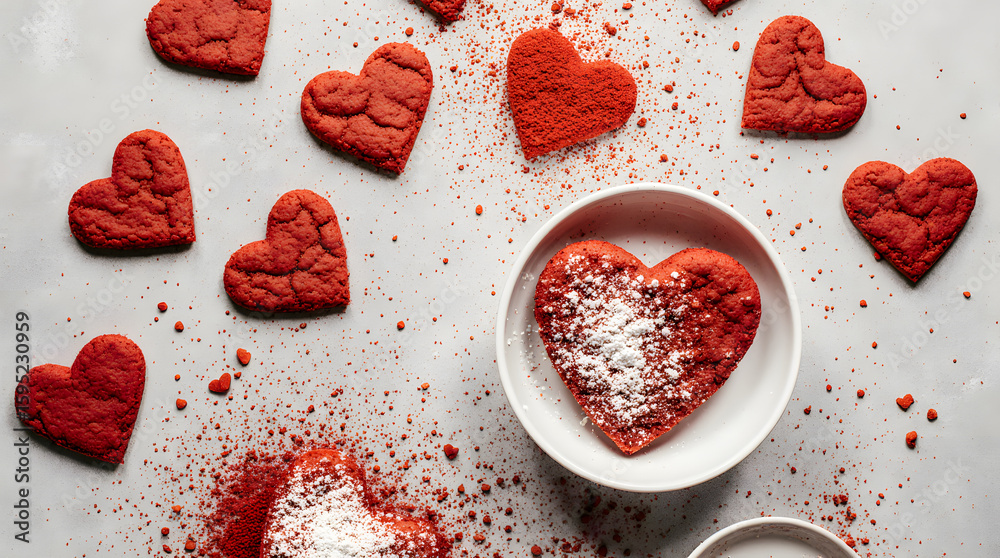 Fototapeta premium Heart-shaped cookies and cup of coffee with red sprinkles