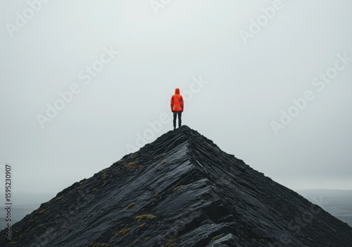 Solitary figure in vibrant orange jacket stands atop a jagged mountain peak