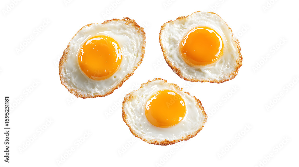 Three Fried Eggs With Bright Yellow Yolks On White Background Overhead View Three Fried Eggs With Bright Yellow Yolks On White Background Overhead View