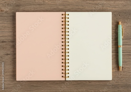 Open spiral notebook with a pastel pen on a wooden surface