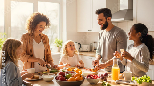 A diverse family enjoying a healthy breakfast together in a bright, sunlit kitchen
