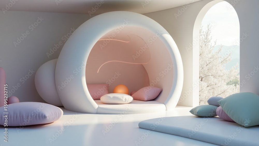 Fototapeta premium Dreamy Cozy Haven: An inviting, softly lit interior features a unique, cocoon-like structure with pastel pillows, offering a serene space for relaxation and introspection. 