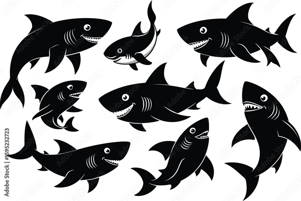 Obraz premium Group of happy cartoon shark silhouettes silhouette