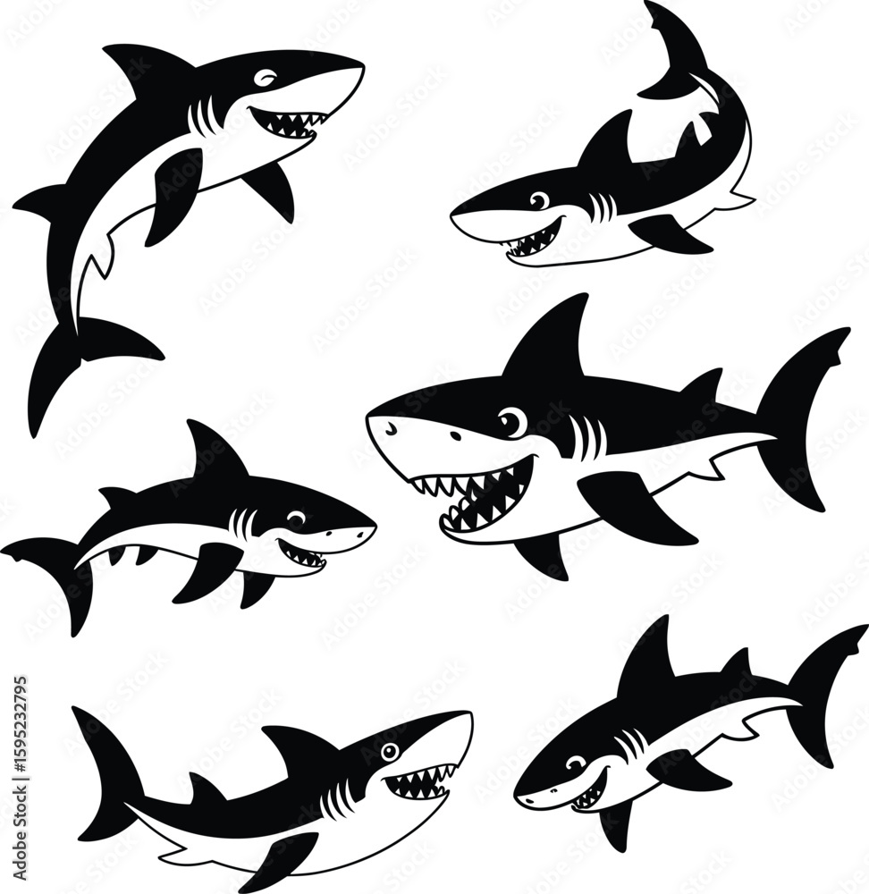Fototapeta premium Group of happy cartoon shark silhouettes silhouette
