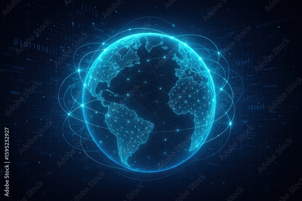 Obraz premium Illuminated digital world globe displaying global connectivity and international business network connections