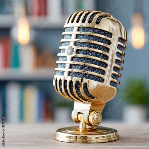 vintage microphone on wooden table, retro podcast mic with bokeh lights, classic studio microphone close-up podcast setup, vintage audio, classic mic, studio recording