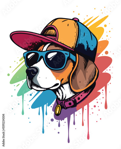 Cool Beagle Dog with Sunglasses and Cap Street Art Style for T-shirt printing Design.
