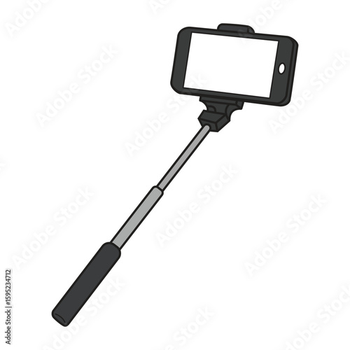 selfie stick with smartphone, mobile phone photography accessory, vlogging equipment, personal photo device, travel gadget illustration