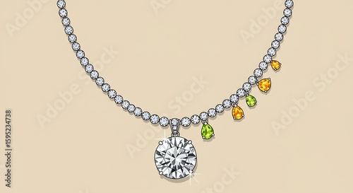 A luxurious and elegant illustration of a sparkling diamond necklace with a large central gem and colorful, pear-shaped green and orange stones.