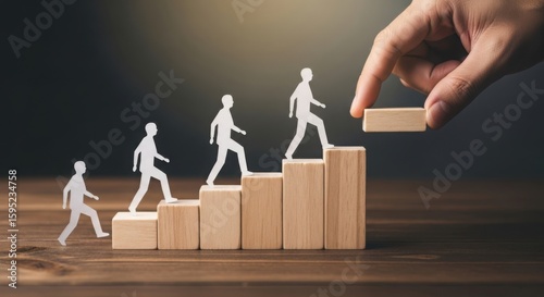Hand places wooden block to create steps for paper figures ascending