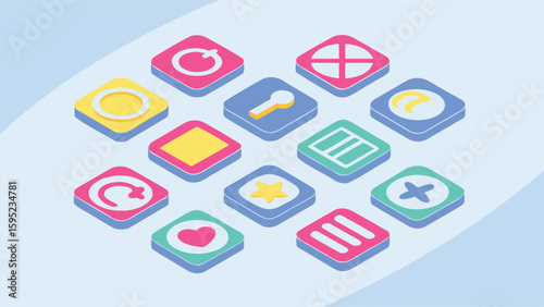 Collection of colorful isometric app icons with various symbols