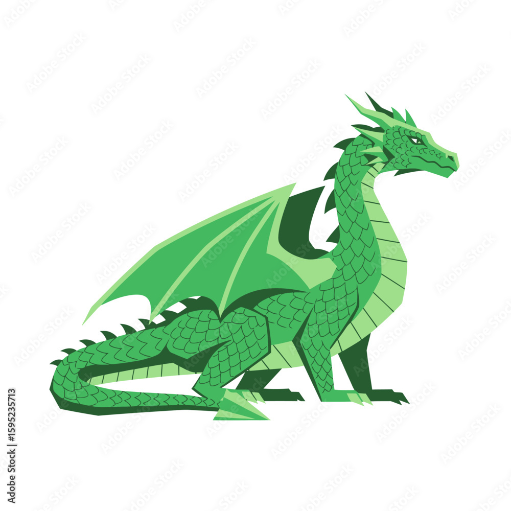 Fototapeta premium A vibrant green dragon, elegantly posed, displays detailed scales and wings against a stark white background.