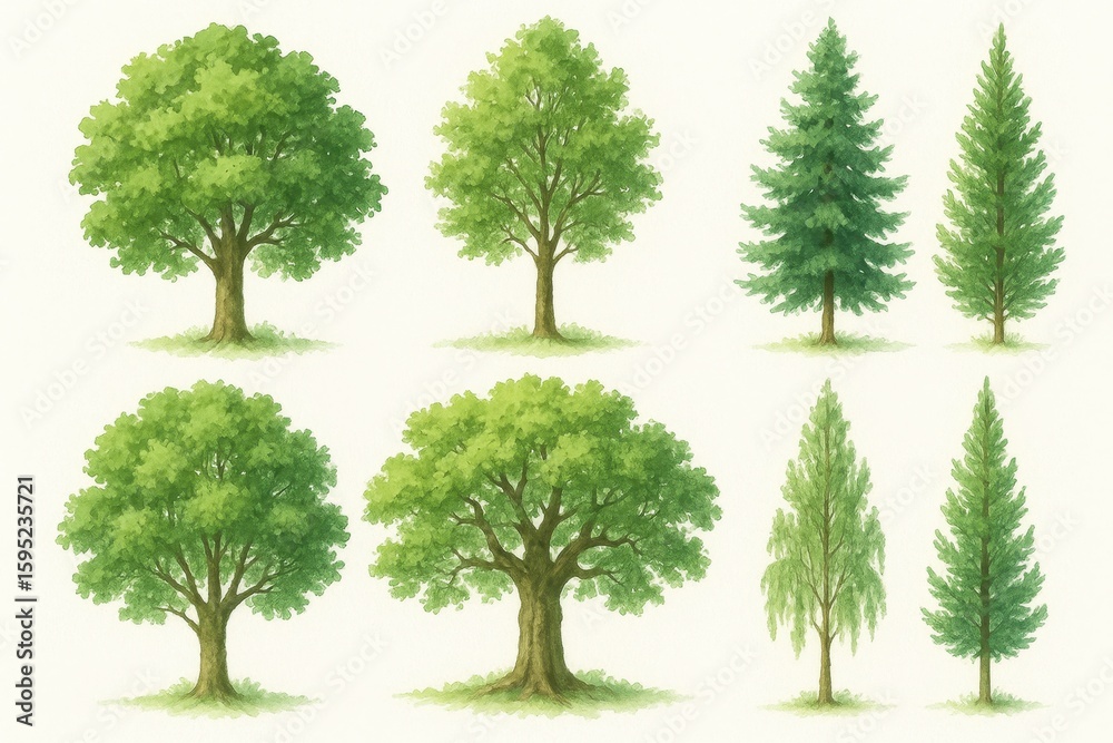 Obraz premium Delicate watercolor botanical illustrations featuring diverse tree species with lush green foliage