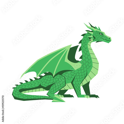 A vibrant green dragon, elegantly posed, displays detailed scales and wings against a stark white background.