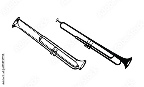 Two antique brass trumpets in a simple line drawing style