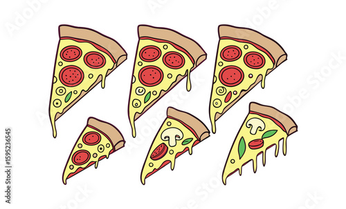 Six slices of delicious pepperoni pizza with dripping cheese and fun toppings