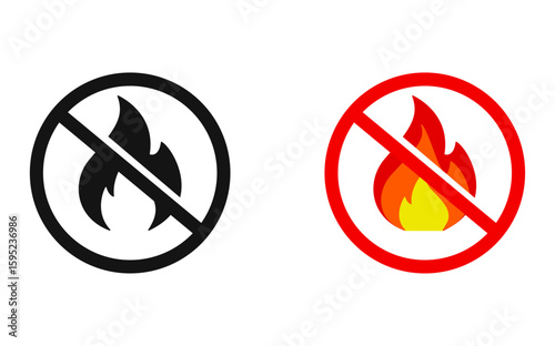 set of signs prohibiting lighting fire, cigarettes and matches. Round label on white background