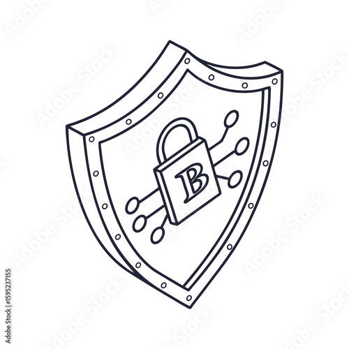 Shield padlock bitcoin security system outline silhouette vector illustration