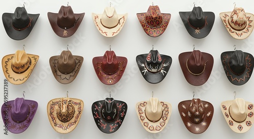 Assortment of cowboy hats displayed on a wall