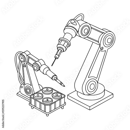 Industrial robotic arms assembly line outline silhouette vector illustration