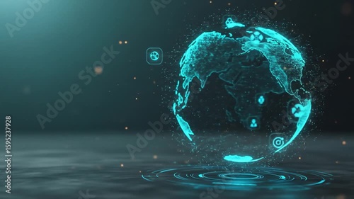 Glowing Digital Globe with Floating Network Connections Over Water Surface