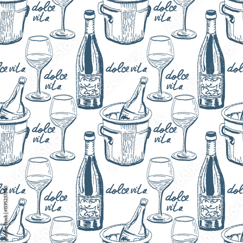 Hand drawn vector seamless pattern trendy italian style dolce vita for invitations, menus design, cards, posters. 