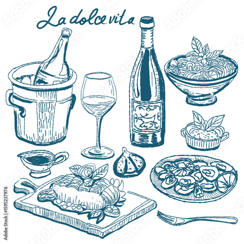 La dolce vita doodles illustration set. Vector hand drawn illustration of italian style for invitations, menus design, cards, posters.