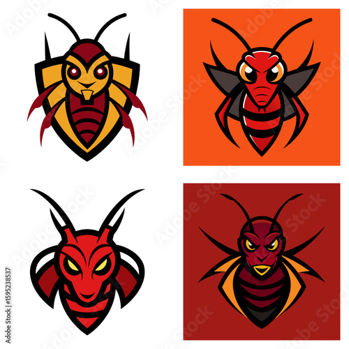 Four stylized wasp illustrations with different colors and backgrounds displayed together nicely here