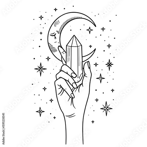 Hand Holding Crystal with Crescent Moon and Stars Line Art