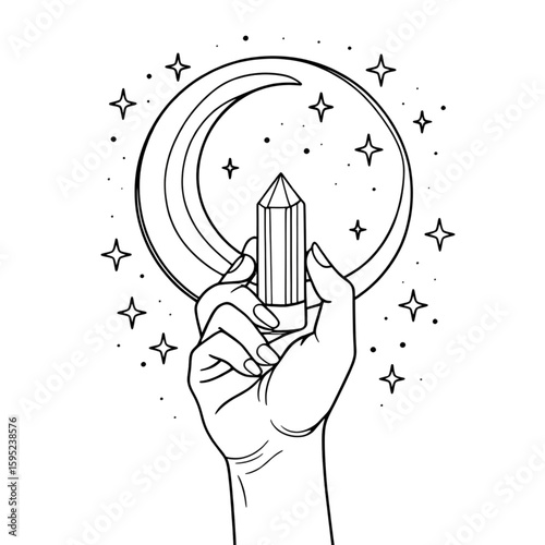 Hand Holding Crystal with Crescent Moon and Stars Line Art