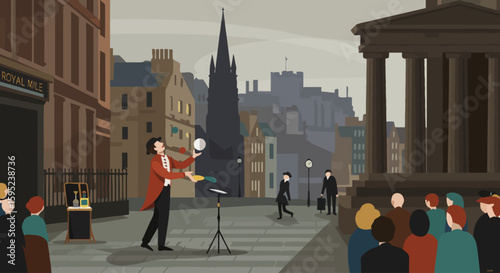 a street performer entertaining crowds, capturing the outdoor spirit of the Festival.
