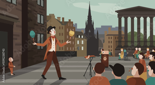 a street performer entertaining crowds, capturing the outdoor spirit of the Festival.