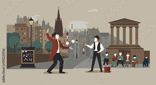 a street performer entertaining crowds, capturing the outdoor spirit of the Festival.