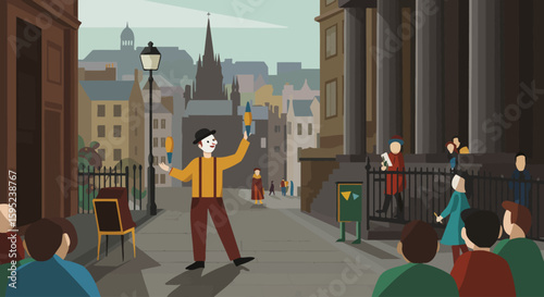 a street performer entertaining crowds, capturing the outdoor spirit of the Festival.