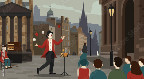 a street performer entertaining crowds, capturing the outdoor spirit of the Festival.