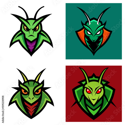 Four stylized mantis head logos with different color schemes and background variations shown together