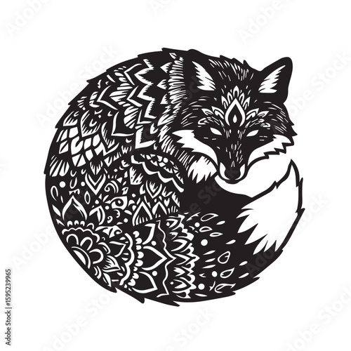 Intricate Fox Illustration A Decorative Wildlife Design with Detailed Patterns and Curled Form