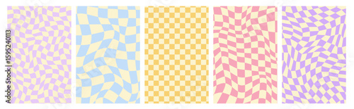 Groovy psychedelic backgrounds with abstract checkered pattern of optical illusion. Psychedelic color checkered wavy wallpaper. Abstract Grid in 1970s Retro Style