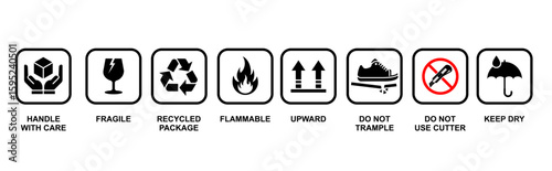 fragile shipping or packaging icon set. cargo or product warning signs - handle with care, fragile, recycle package, flammable, upward, do not trample, deep dry, no cutter etc icons. Vector icons set