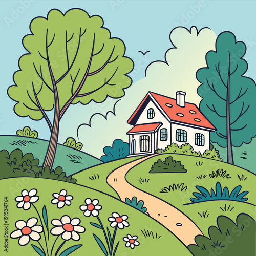 Cartoon house surrounded by trees and flowers in a vibrant summer forest setting background