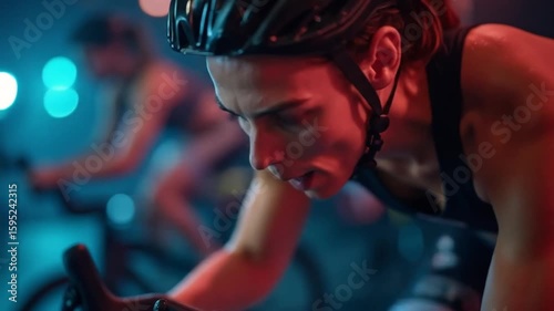 Woman Cyclist Indoor Cycling Intense Workout in Gym with Colored Lights